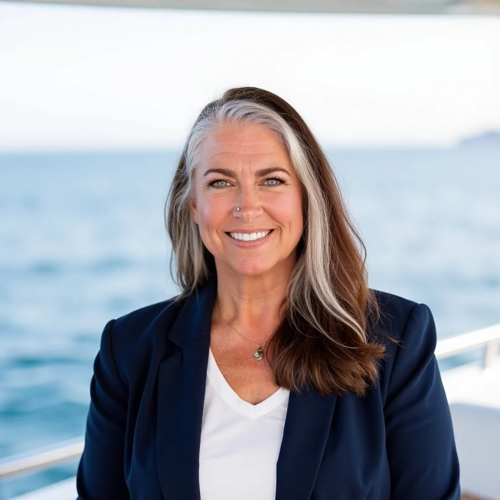 Headshot of Teresa Lodato in a navy blazer by the water